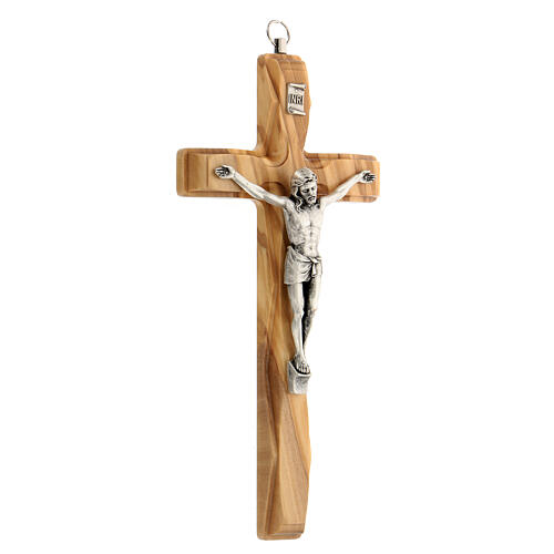 Kruzifix aus Olivenbaumholz mit Christuskőrper aus versilbertem Metall, 20 cm 2