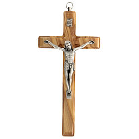 Olivewood crucifix, silver-plated metallic Christ, 20 cm