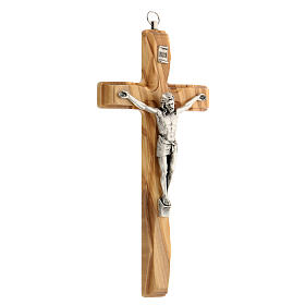 Olivewood crucifix, silver-plated metallic Christ, 20 cm
