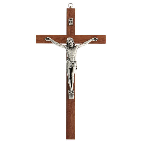 Mahogany crucifix, metallic body of Christ, 30 cm 1