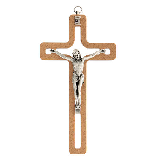 Kruzifix mit geschnitzter Mitte und Christuskőrper aus versilbertem Metall, 20 cm 1