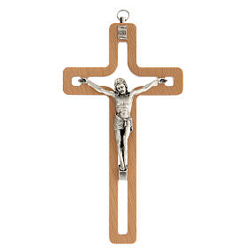 Wood crucifix with cut-out centre and metal body of Christ 20 cm