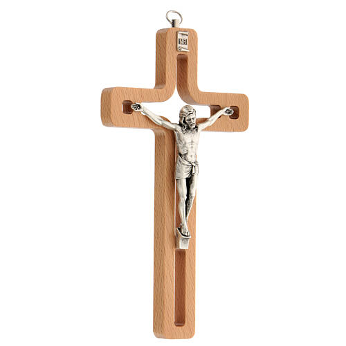 Wood crucifix with cut-out centre and metal body of Christ 20 cm 2