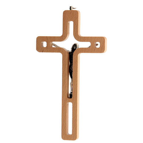 Wood crucifix with cut-out centre and metal body of Christ 20 cm 3