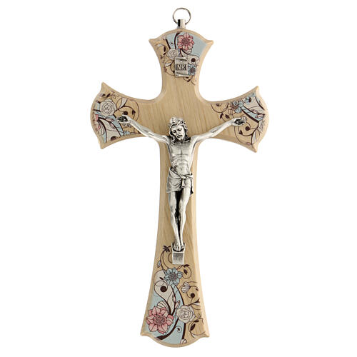 Kruzifix mit gedruckten Blumendekorationen und Christuskőrper aus versilbertem Metall, 20 cm 1