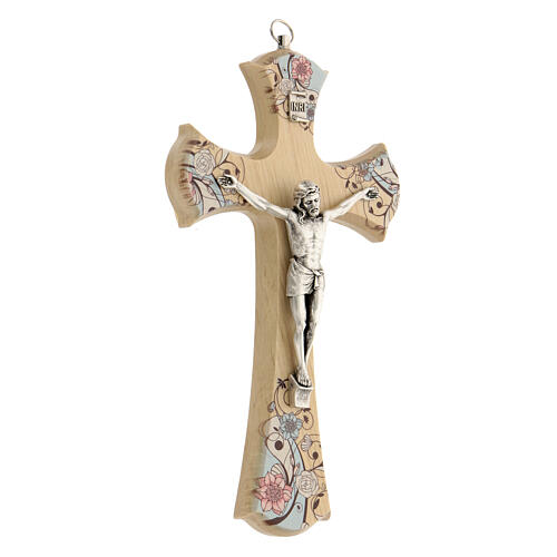 Kruzifix mit gedruckten Blumendekorationen und Christuskőrper aus versilbertem Metall, 20 cm 2