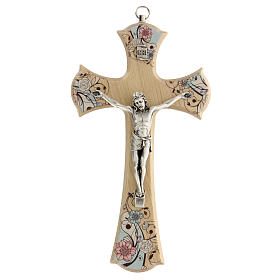 Crucifijo decoraciones florales impresas Cristo metal plateado 20 cm