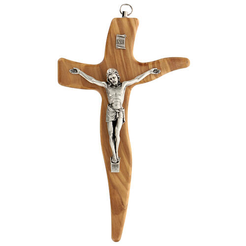 Geformtes Kruzifix aus Olivenbaumholz mit Christuskőrper aus versilbertem Metall, 20 cm 1