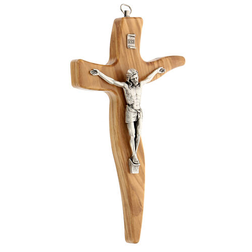 Geformtes Kruzifix aus Olivenbaumholz mit Christuskőrper aus versilbertem Metall, 20 cm 2