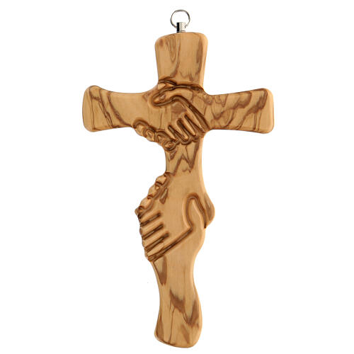 Kruzifix aus Olivenbaumholz mit Friedenszeichen, 18 cm 1