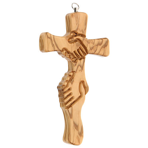 Kruzifix aus Olivenbaumholz mit Friedenszeichen, 18 cm 2