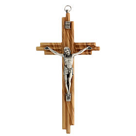 Kruzifix aus Olivenbaumholz mit Rillen und Christuskőrper aus versilbertem Metall, 20 cm
