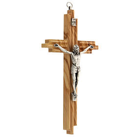 Kruzifix aus Olivenbaumholz mit Rillen und Christuskőrper aus versilbertem Metall, 20 cm