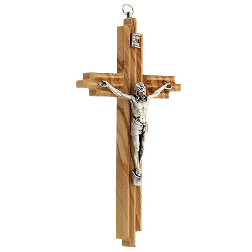 Kruzifix aus Olivenbaumholz mit Rillen und Christuskőrper aus versilbertem Metall, 20 cm 2