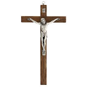 Kruzifix aus Nussbaum mit Christuskőrper aus versilbertem Metall, 30 cm