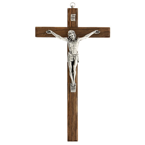 Kruzifix aus Nussbaum mit Christuskőrper aus versilbertem Metall, 30 cm 1