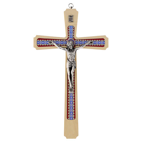 Decorated crucifix, pale wood and silver-coloured metal, 30 cm 1