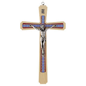 Crucifix bois clair décoré Christ métal argenté 30 cm