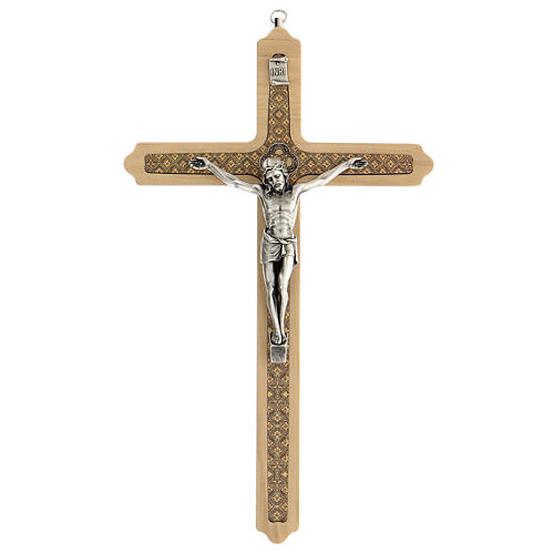 Verziertes Kruzifix aus hellem Holz mit versilbertem Christuskőrper, 30 cm 1
