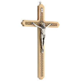 Pale wood crucifix, decorated, metallic body of Christ, 30 cm
