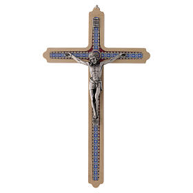 Pale wood crucifix, decorated, metallic body of Christ, 30 cm