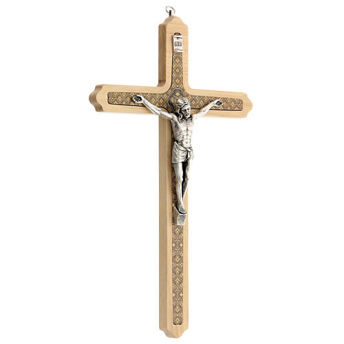 Pale wood crucifix, decorated, metallic body of Christ, 30 cm 2