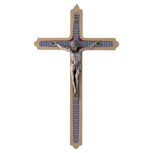 Crucifix bois clair décoré Christ argenté 30 cm 1