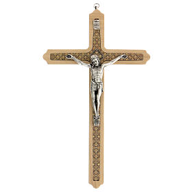 Crocifisso legno chiaro decorato Cristo argentato 30 cm
