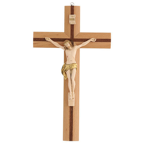 Crucifix bois noyer et poirier Christ résine 42 cm 1