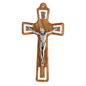 Olivewood crucifix, cut-out details and silver-plated metallic body of Christ, 11 cm