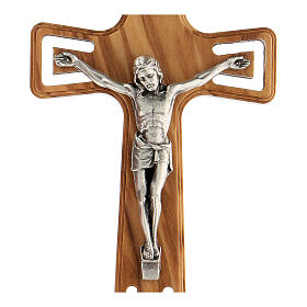 Olivewood crucifix, cut-out details and silver-plated metallic body of Christ, 11 cm