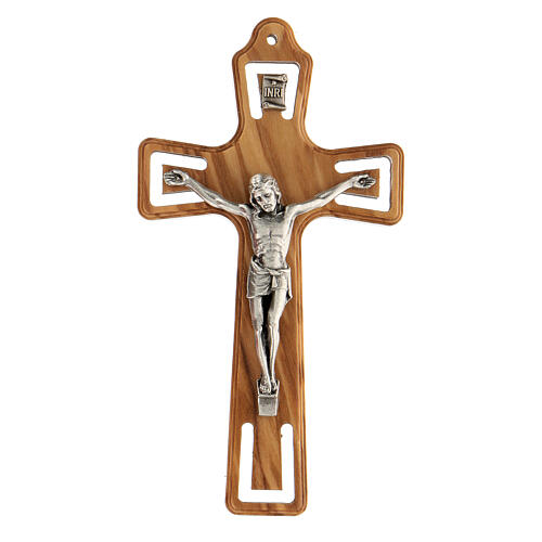 Olivewood crucifix, cut-out details and silver-plated metallic body of Christ, 11 cm 1
