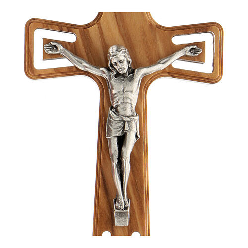 Olivewood crucifix, cut-out details and silver-plated metallic body of Christ, 11 cm 2