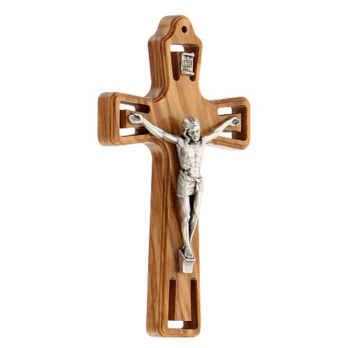 Olivewood crucifix, cut-out details and silver-plated metallic body of Christ, 11 cm 3
