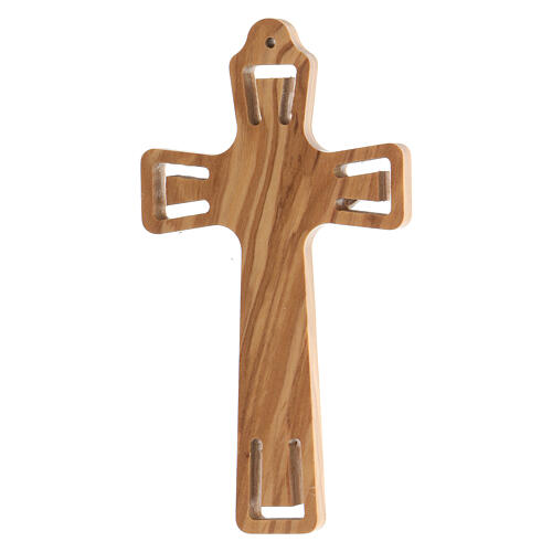 Olivewood crucifix, cut-out details and silver-plated metallic body of Christ, 11 cm 4