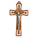 Olivewood crucifix, cut-out details and silver-plated metallic body of Christ, 11 cm s1