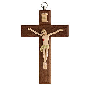 Ash wood crucifix, hand-painted resin Christ, 13 cm