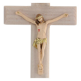 Kruzifix aus hellem Holz mit Christuskőrper aus handbemaltem Harz, 13 cm