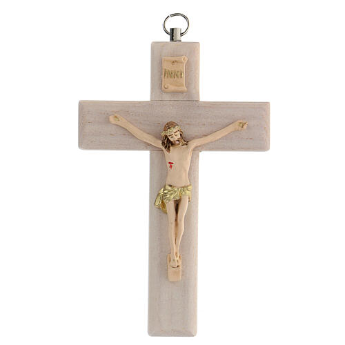 Kruzifix aus hellem Holz mit Christuskőrper aus handbemaltem Harz, 13 cm 1