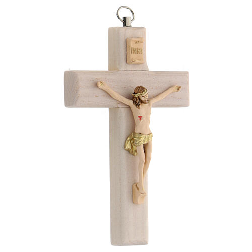 Crucifix of pale wood, hand-painted resin Christ, 13 cm 3