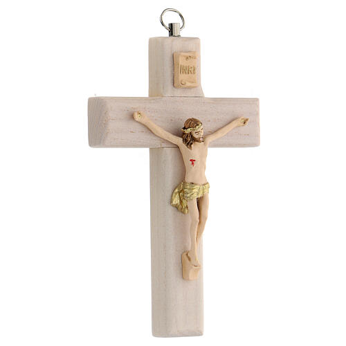 Crocifisso chiaro legno Cristo dipinto mano resina 13 cm 3