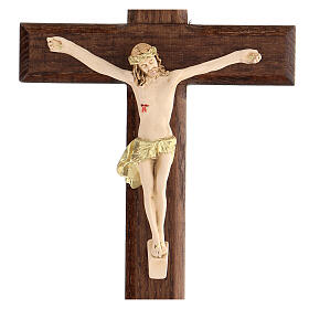 Kruzifix aus lackiertem Eschenholz mit handbemaltem Christuskőrper, 17 cm