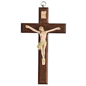 Crucifix bois frêne verni Christ peint à la main 17 cm
