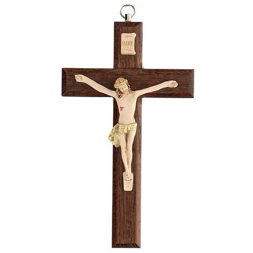 Crucifix bois frêne verni Christ peint à la main 17 cm 1