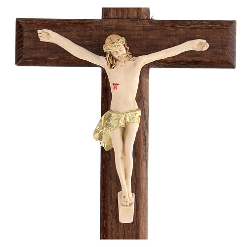 Crucifix bois frêne verni Christ peint à la main 17 cm 2