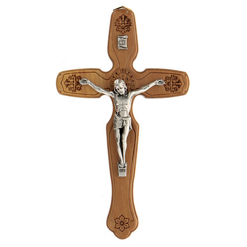 Wood crucifix, engraved St. Benedict's medal and decorations, metallic Christ, 13 cm 1