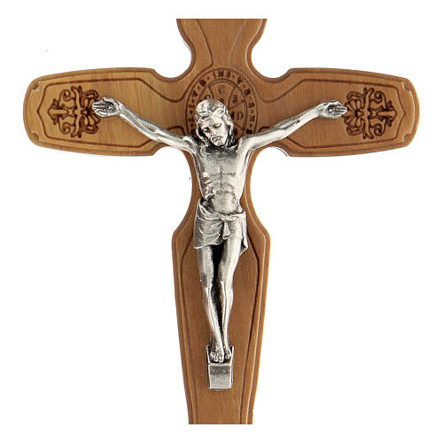 Wood crucifix, engraved St. Benedict's medal and decorations, metallic Christ, 13 cm 2