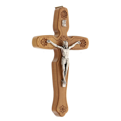 Wood crucifix, engraved St. Benedict's medal and decorations, metallic Christ, 13 cm 3