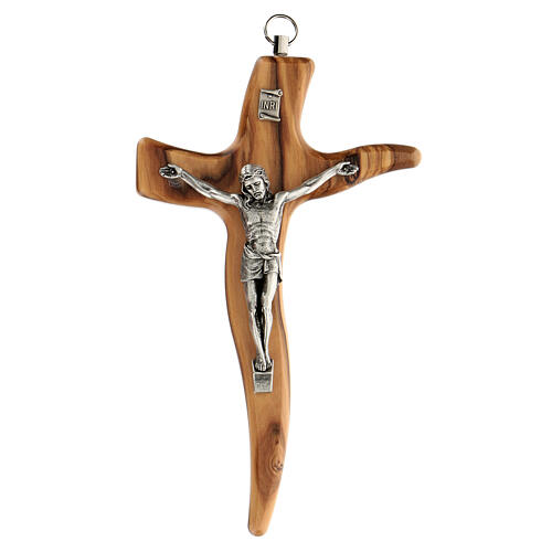Irregular olivewood crucifix with metallic Christ 16 cm 1