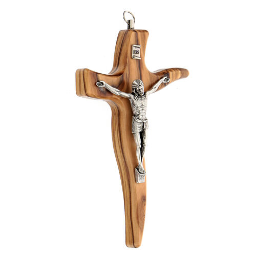 Irregular olivewood crucifix with metallic Christ 16 cm 3
